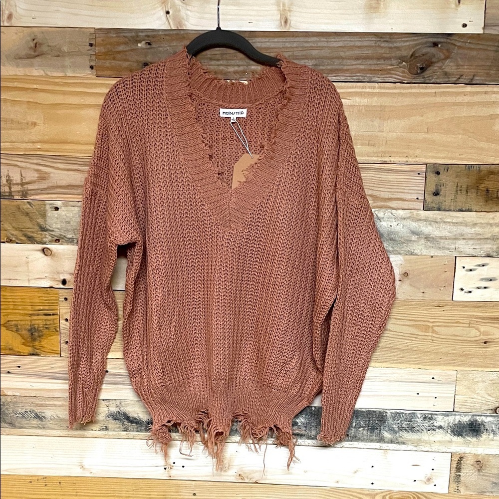 Main Strip size Large Apricot Colol V-Neck Distress Oversized Super Soft Sweater